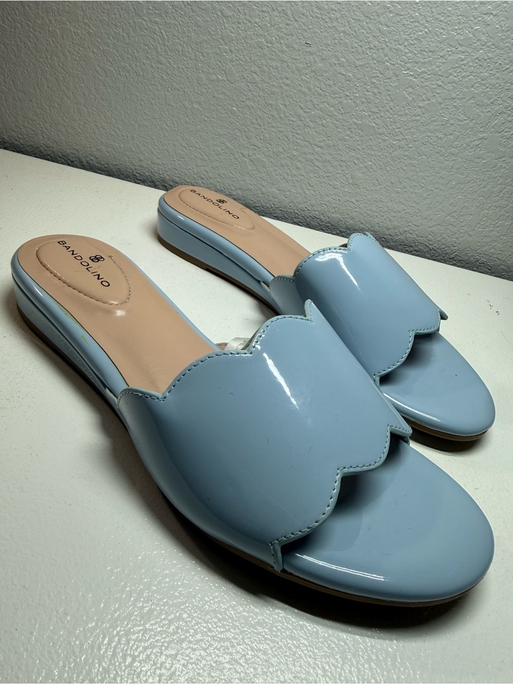Bandolino Light Blue Scalloped Patent Slide Mules